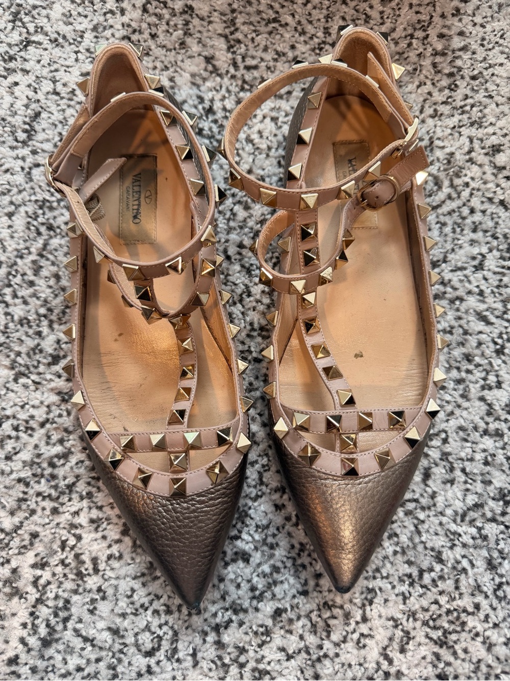 Valentino Rockstud caged Flats in Nude and Metallic Bronze